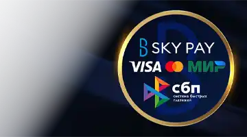 Изображение популярных платежных логотипов, таких как Visa, Mastercard и МИР, а также Sky Pay, подчеркивающее гибкость платежей в Онлайн-казино Еномо казино.